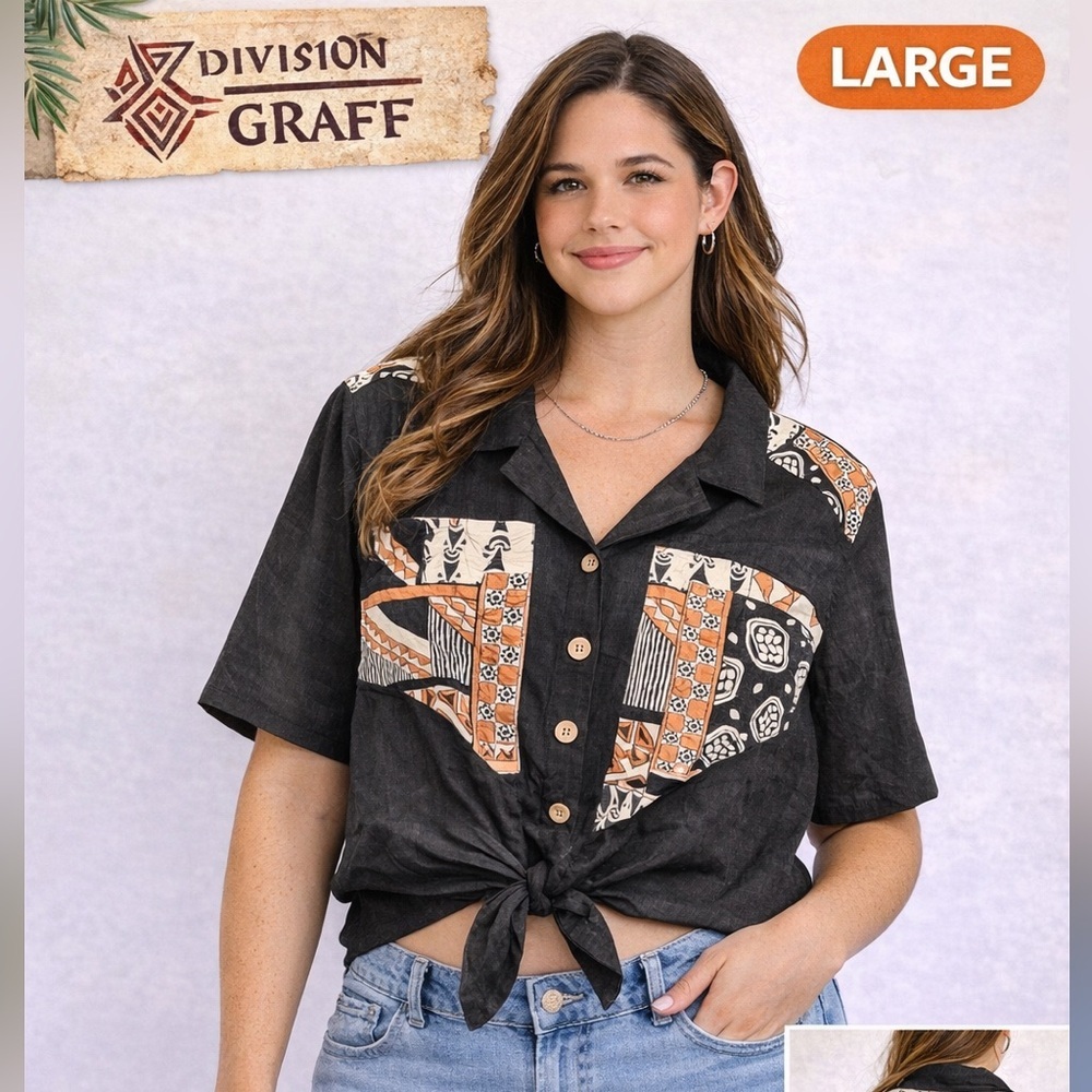 DIVISION OF GRAFF Tribal Print Black Button-Up cropped Shirt LARGE